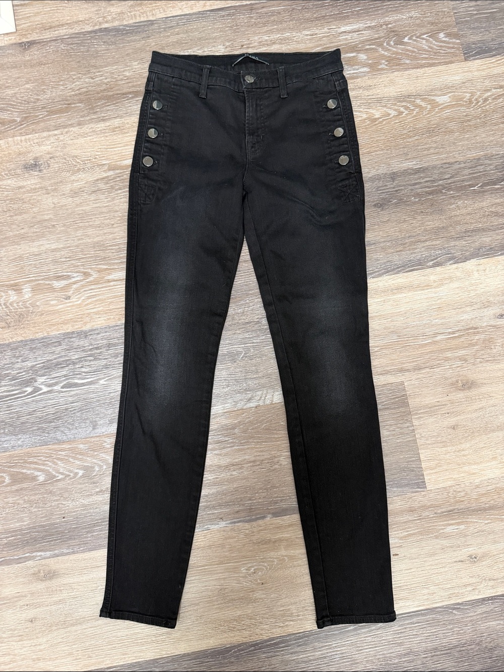 J Brand Black Skinny Distressed Jeans with Side Button Detail - Women's Sz 26